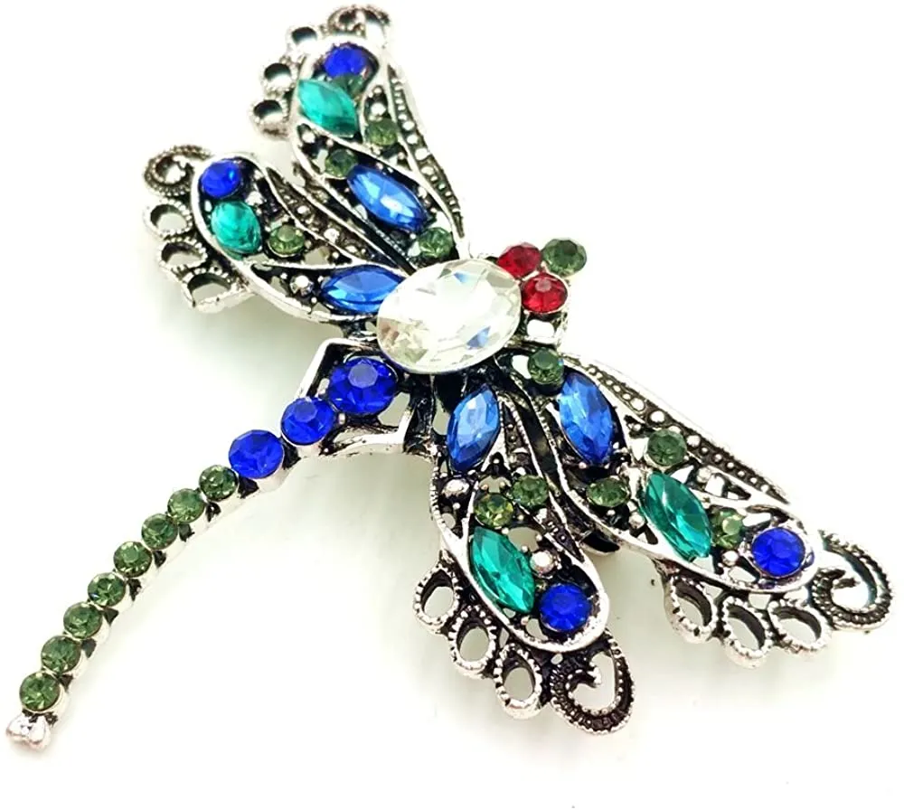 Jewelblings Vintage Red Eyes Green Blue Crystal Filigree Dragonfly Brooches Pins Statement Insect Jewelry