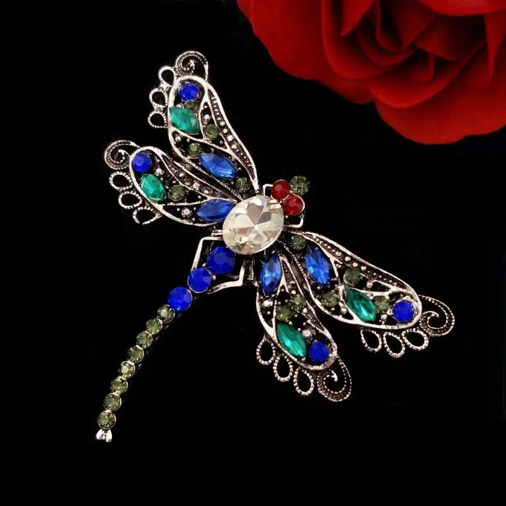 Jewelblings Vintage Red Eyes Green Blue Crystal Filigree Dragonfly Brooches Pins Statement Insect Jewelry