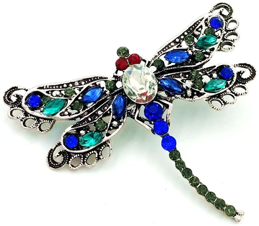 Jewelblings Vintage Red Eyes Green Blue Crystal Filigree Dragonfly Brooches Pins Statement Insect Jewelry