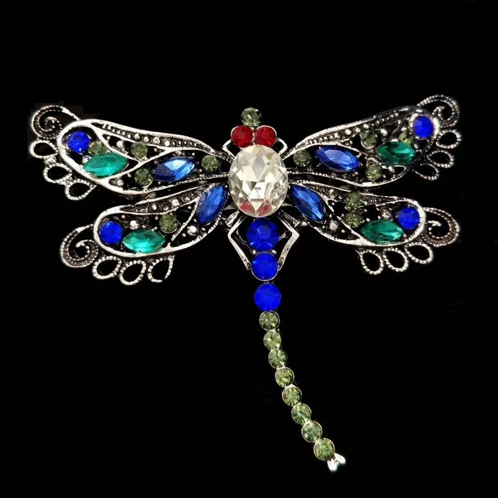 Jewelblings Vintage Red Eyes Green Blue Crystal Filigree Dragonfly Brooches Pins Statement Insect Jewelry