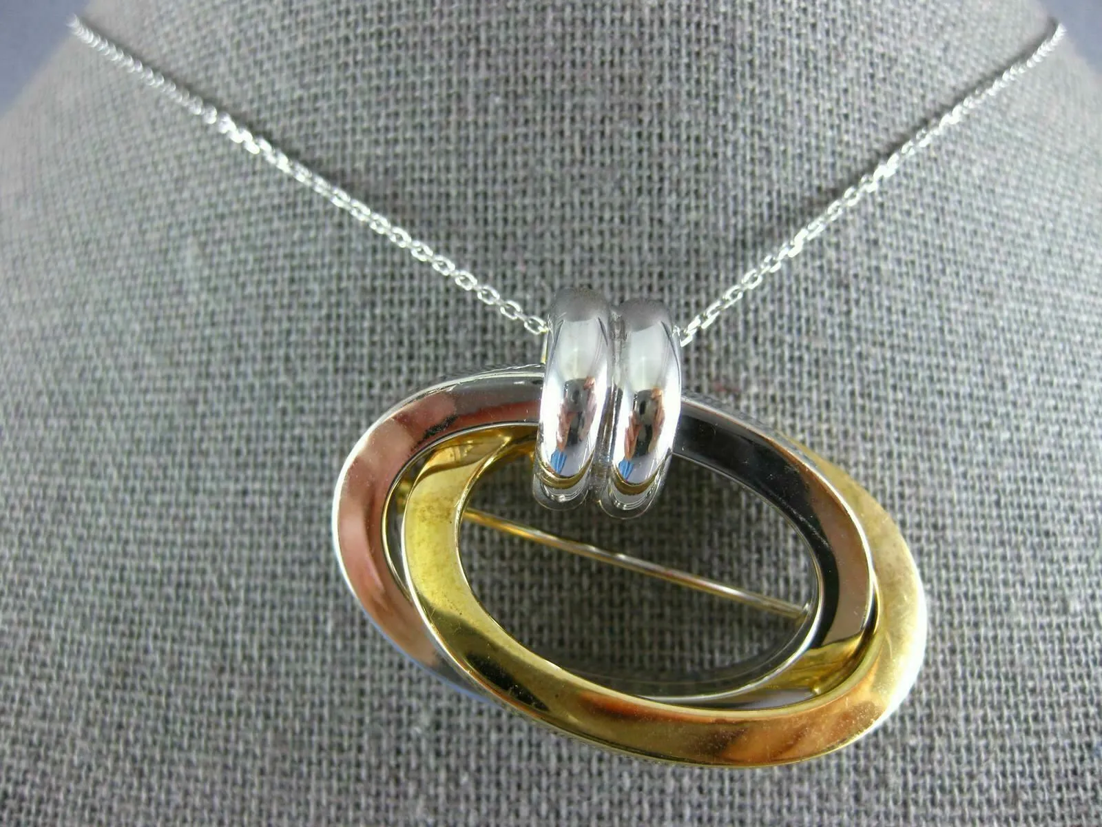 LARGE 14KT WHITE & YELLOW GOLD 3D OVAL DOUBLE HOOP LOVE KNOT BROOCH PENDANT #953