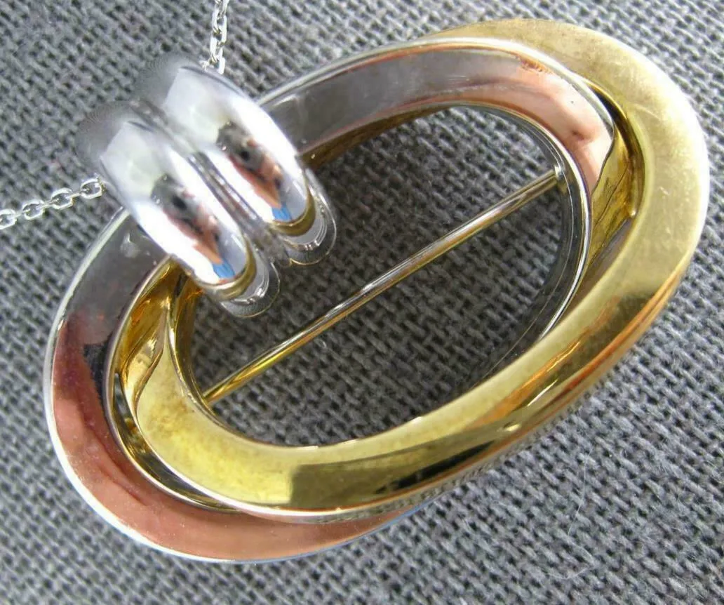 LARGE 14KT WHITE & YELLOW GOLD 3D OVAL DOUBLE HOOP LOVE KNOT BROOCH PENDANT #953