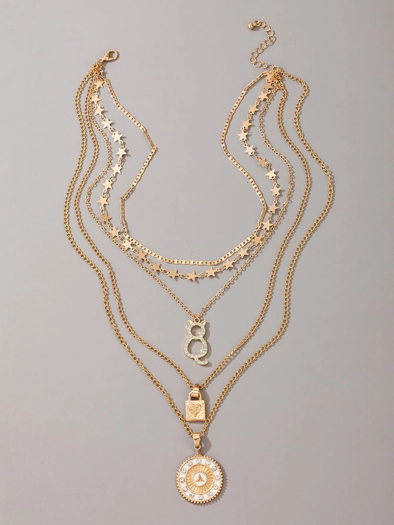 Lock & Cat Charm Layered Necklace
