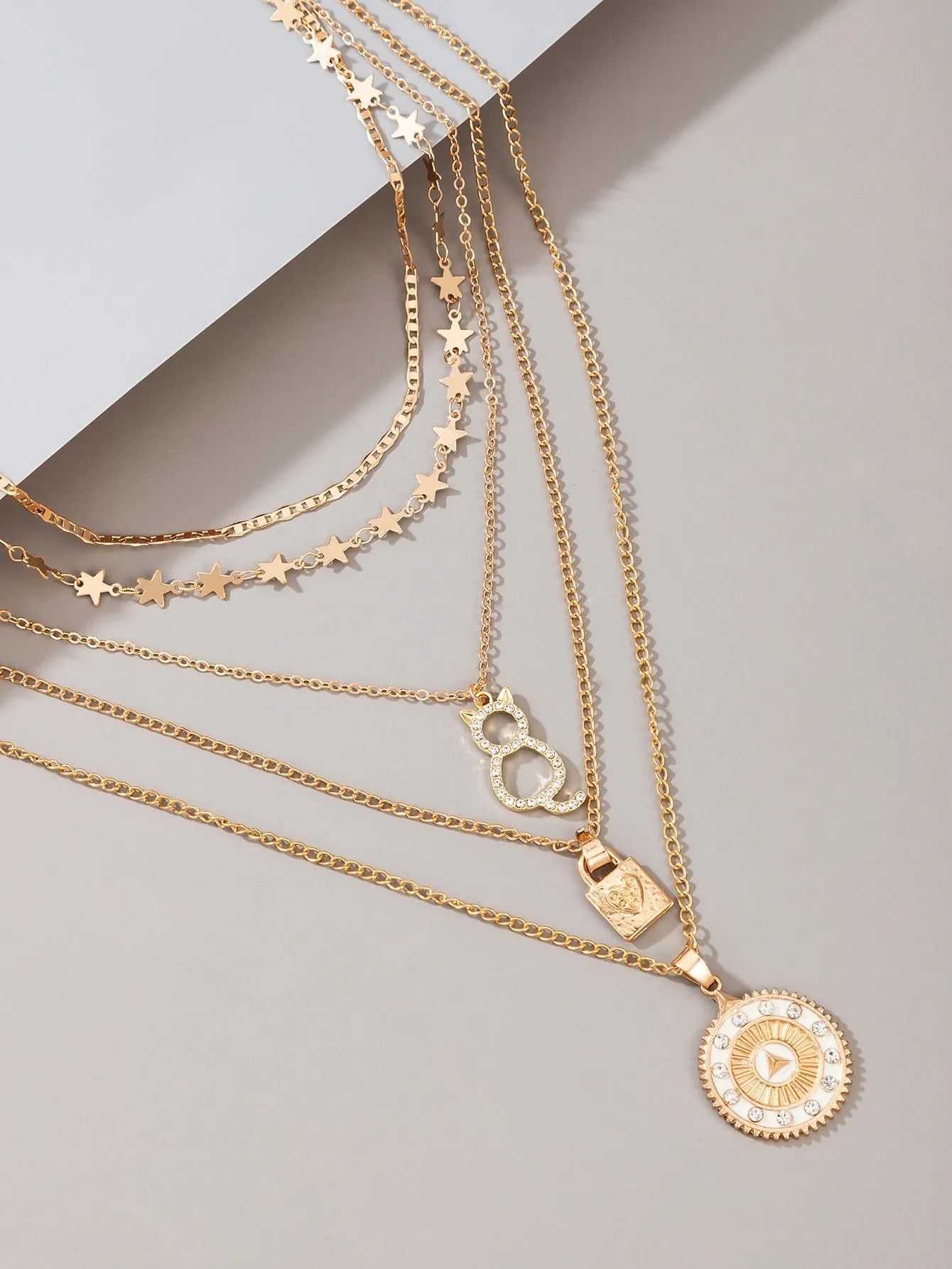 Lock & Cat Charm Layered Necklace