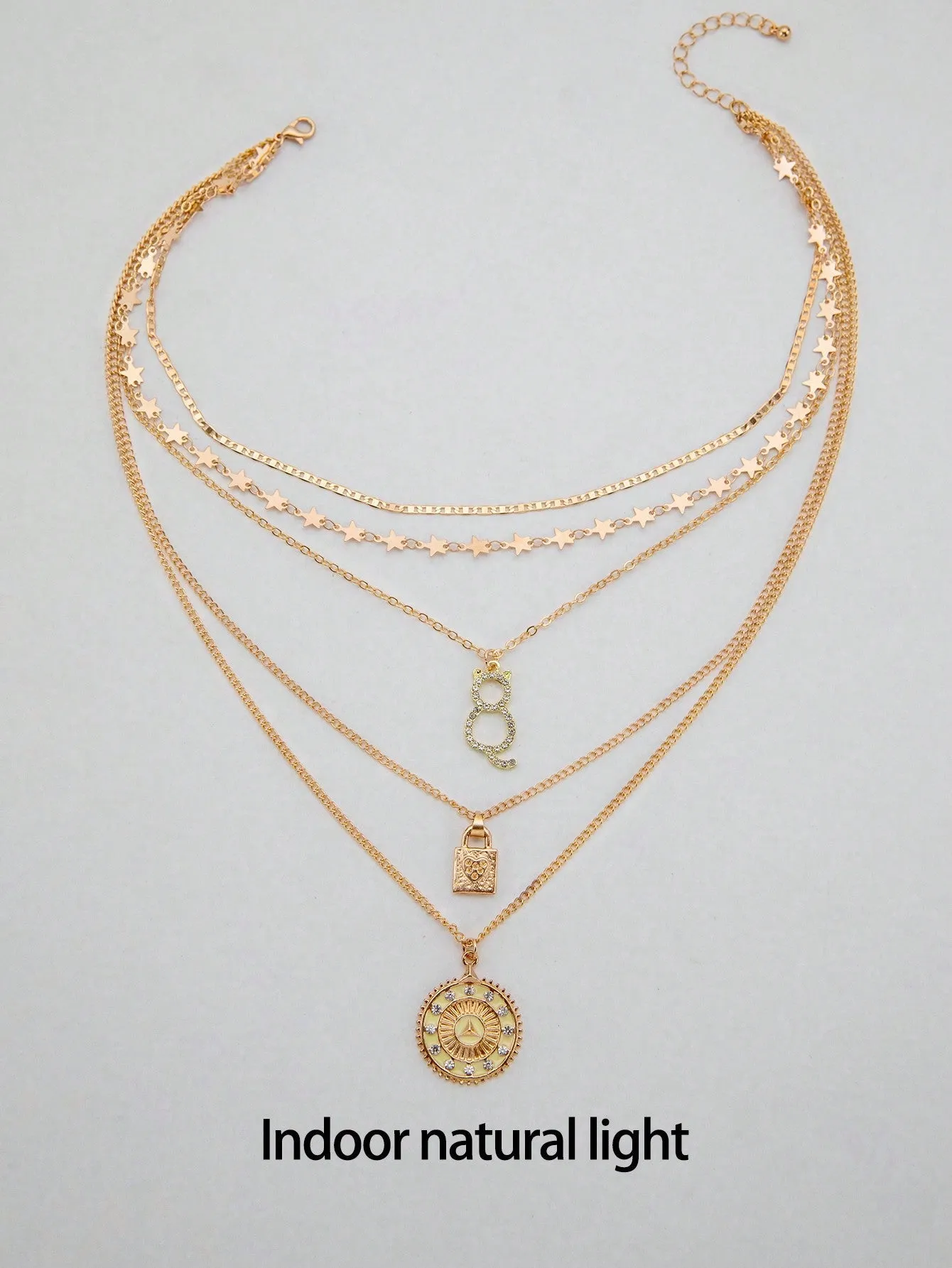 Lock & Cat Charm Layered Necklace