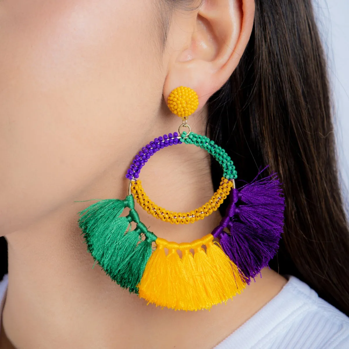 Mardi Gras Tassel Hoop Earrings with Beaded Detail