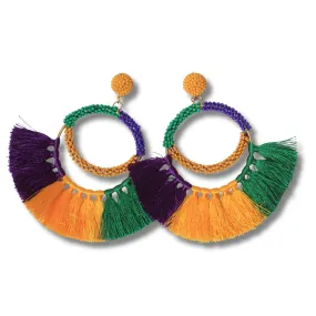 Mardi Gras Tassel Hoop Earrings with Beaded Detail