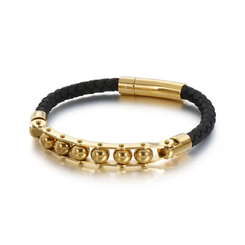 Men's Woven Leather Bracelet with Titanium Steel Six-Character Mantra Round Beads – European and American Fashion Trend