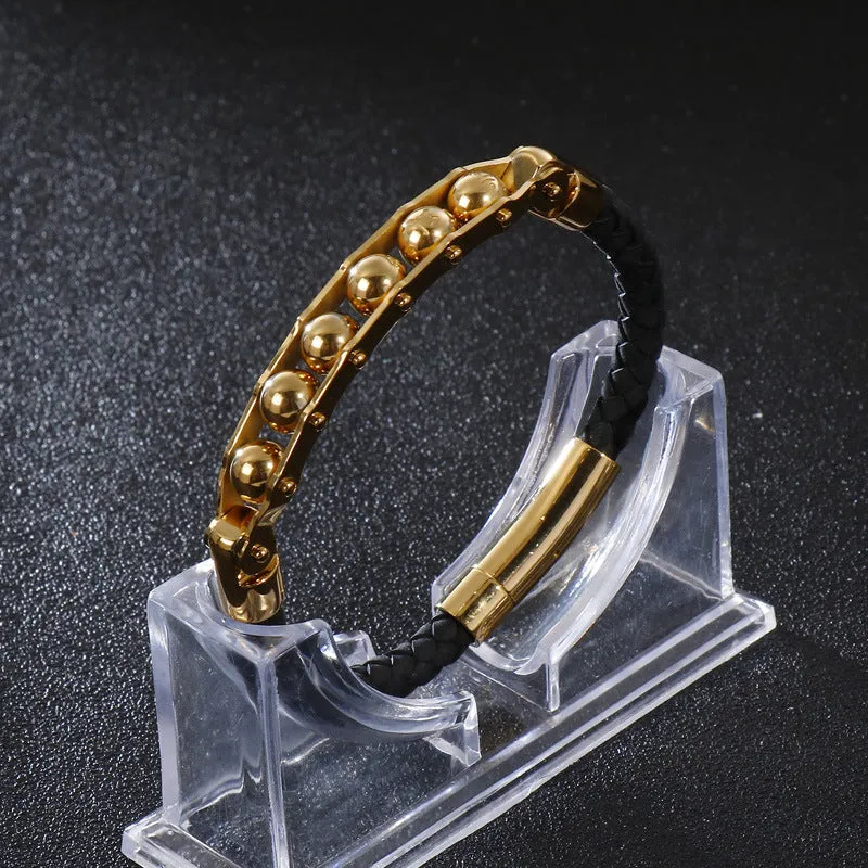 Men's Woven Leather Bracelet with Titanium Steel Six-Character Mantra Round Beads – European and American Fashion Trend