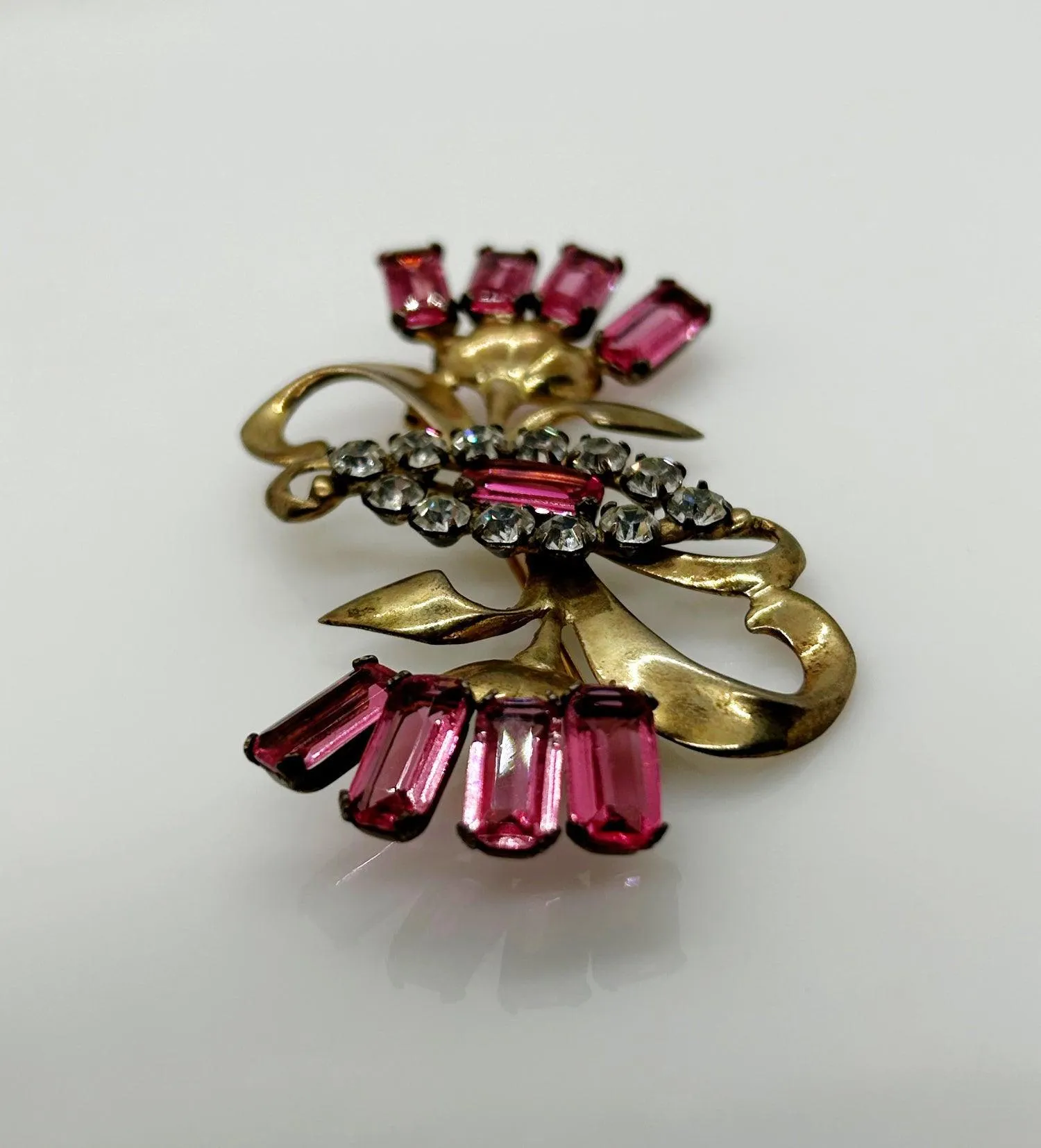 Mid-Century Sterling Pink Stones Sterling Floral Brooch