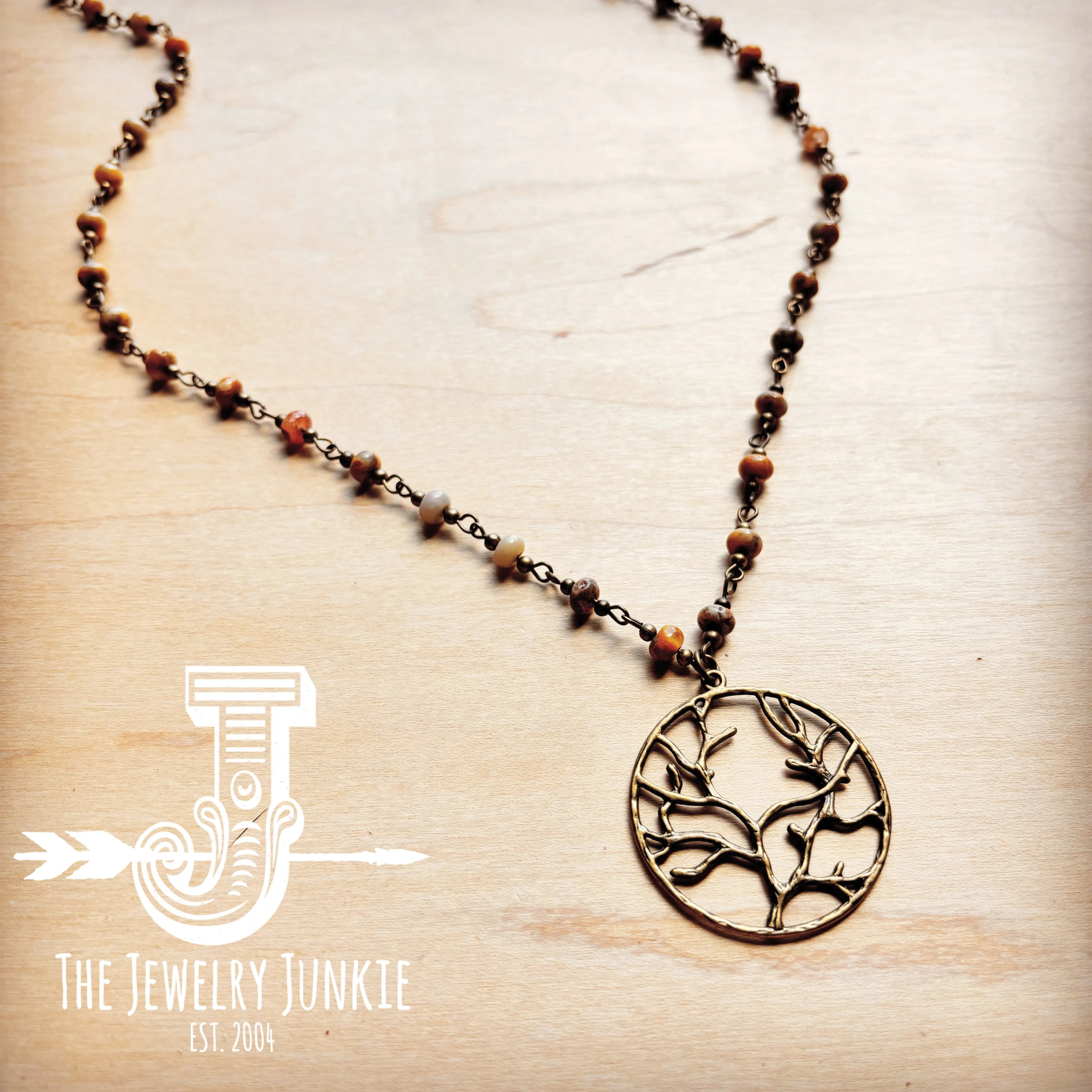 **Natural Agate Beaded Necklace w/ Tree of Life Pendant 257n