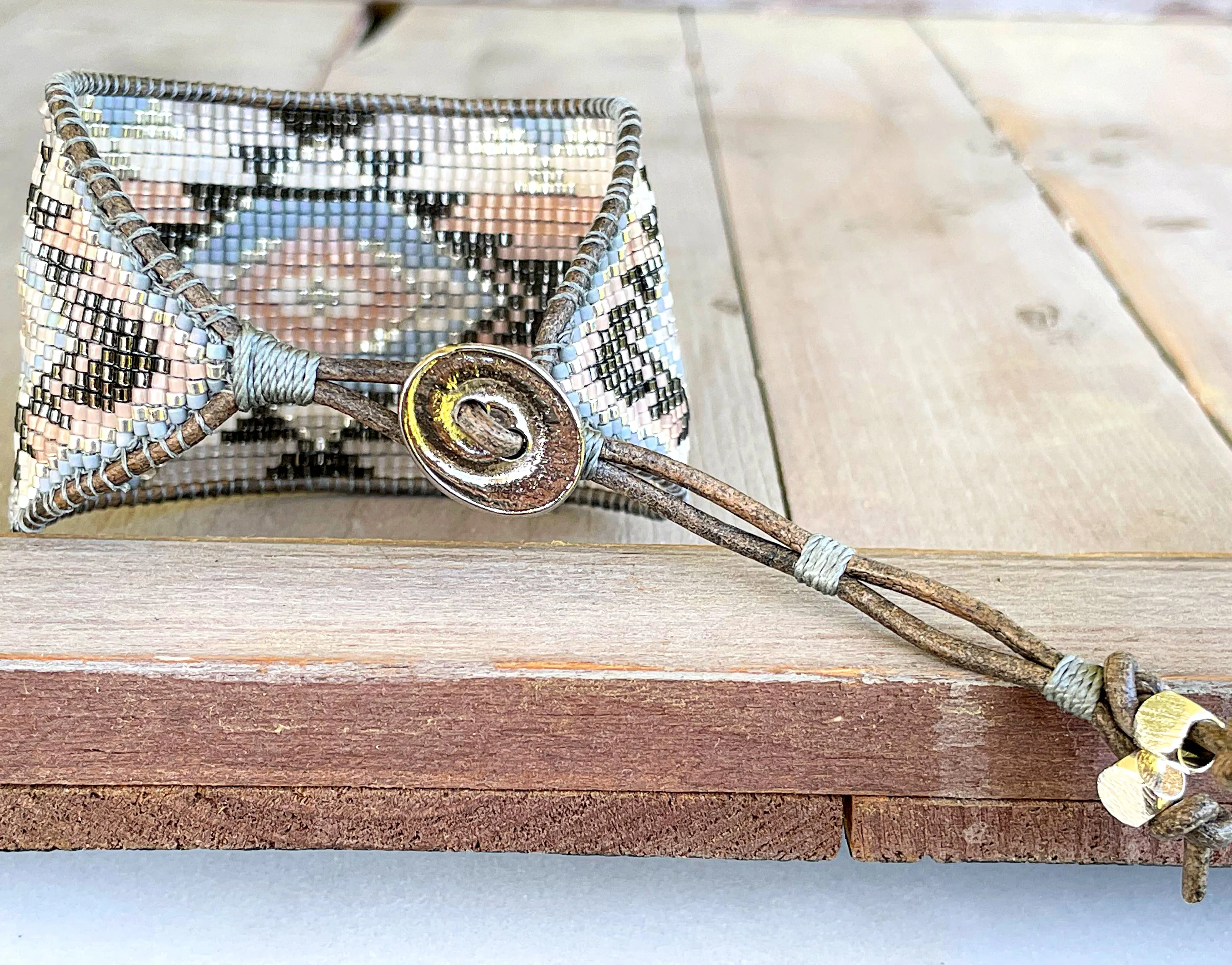 Neutral Gray, Tan, and Silver Bead Loom Woven Wide Cuff Bracelet