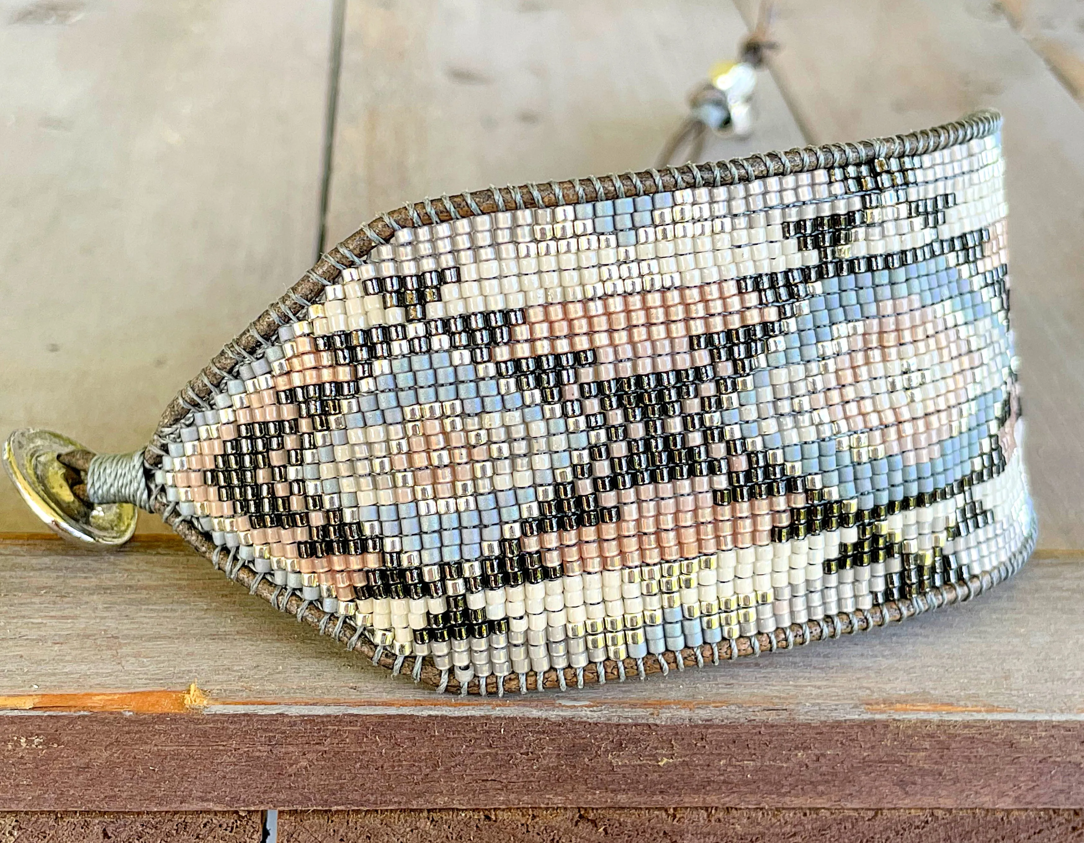 Neutral Gray, Tan, and Silver Bead Loom Woven Wide Cuff Bracelet