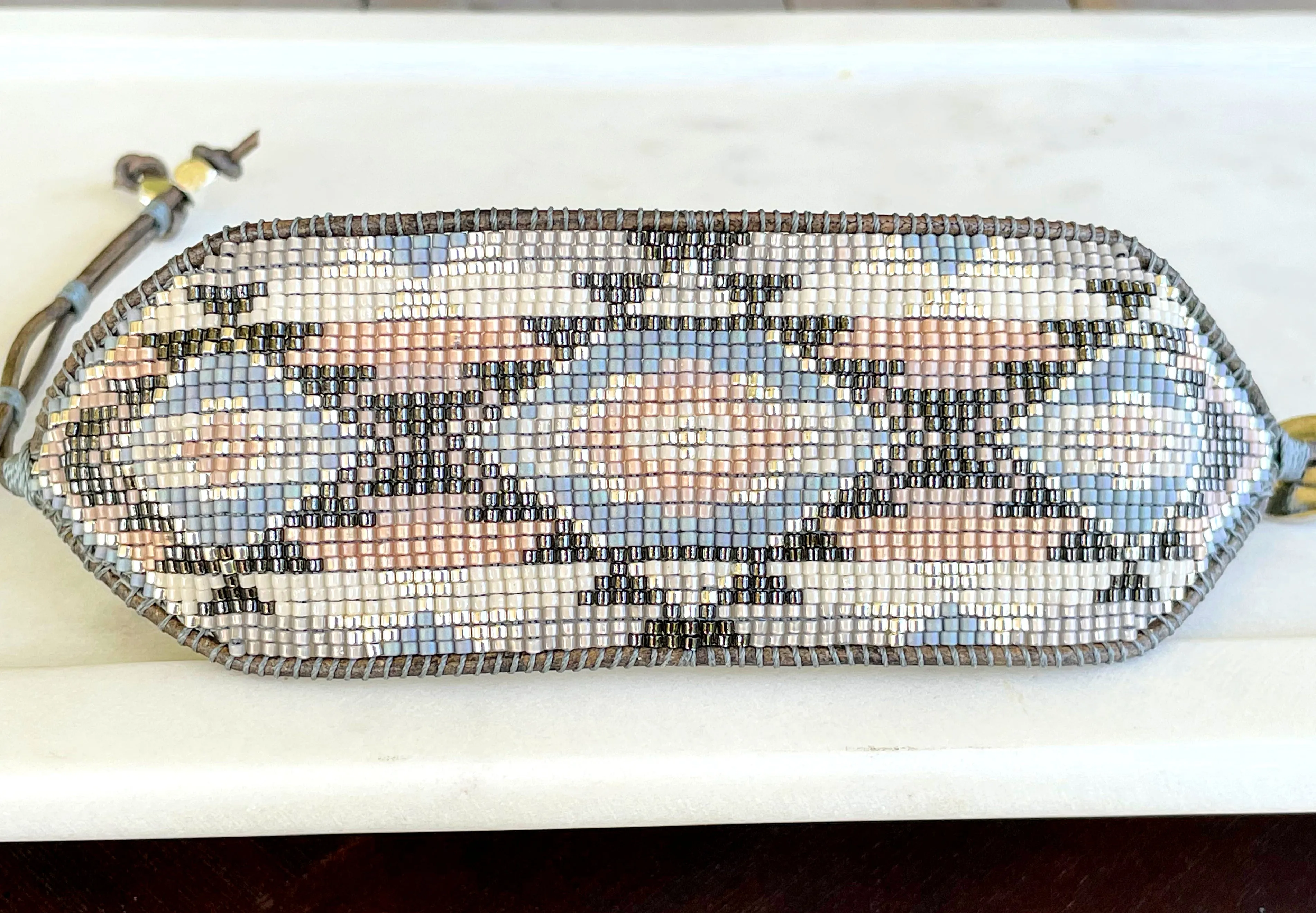 Neutral Gray, Tan, and Silver Bead Loom Woven Wide Cuff Bracelet