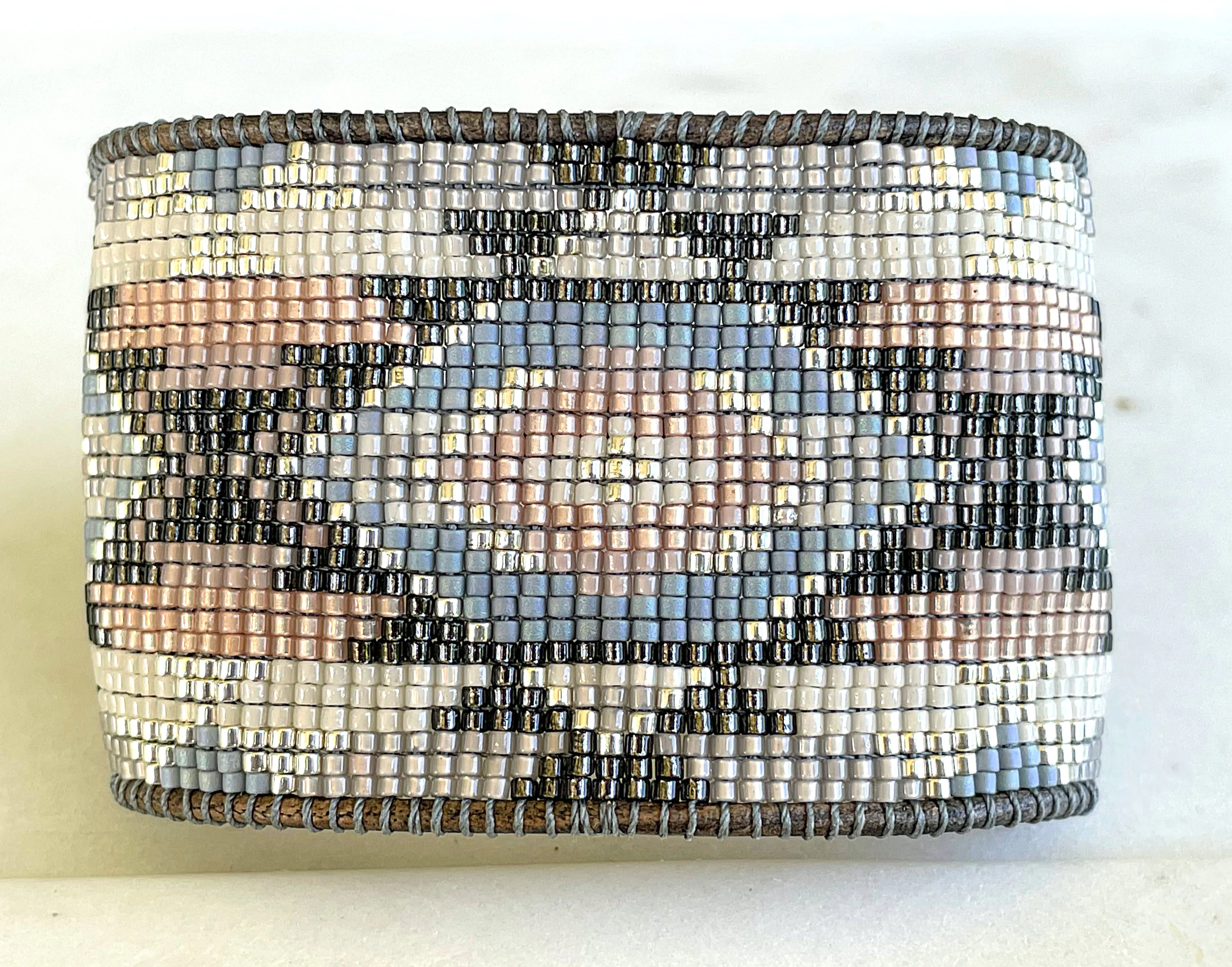 Neutral Gray, Tan, and Silver Bead Loom Woven Wide Cuff Bracelet