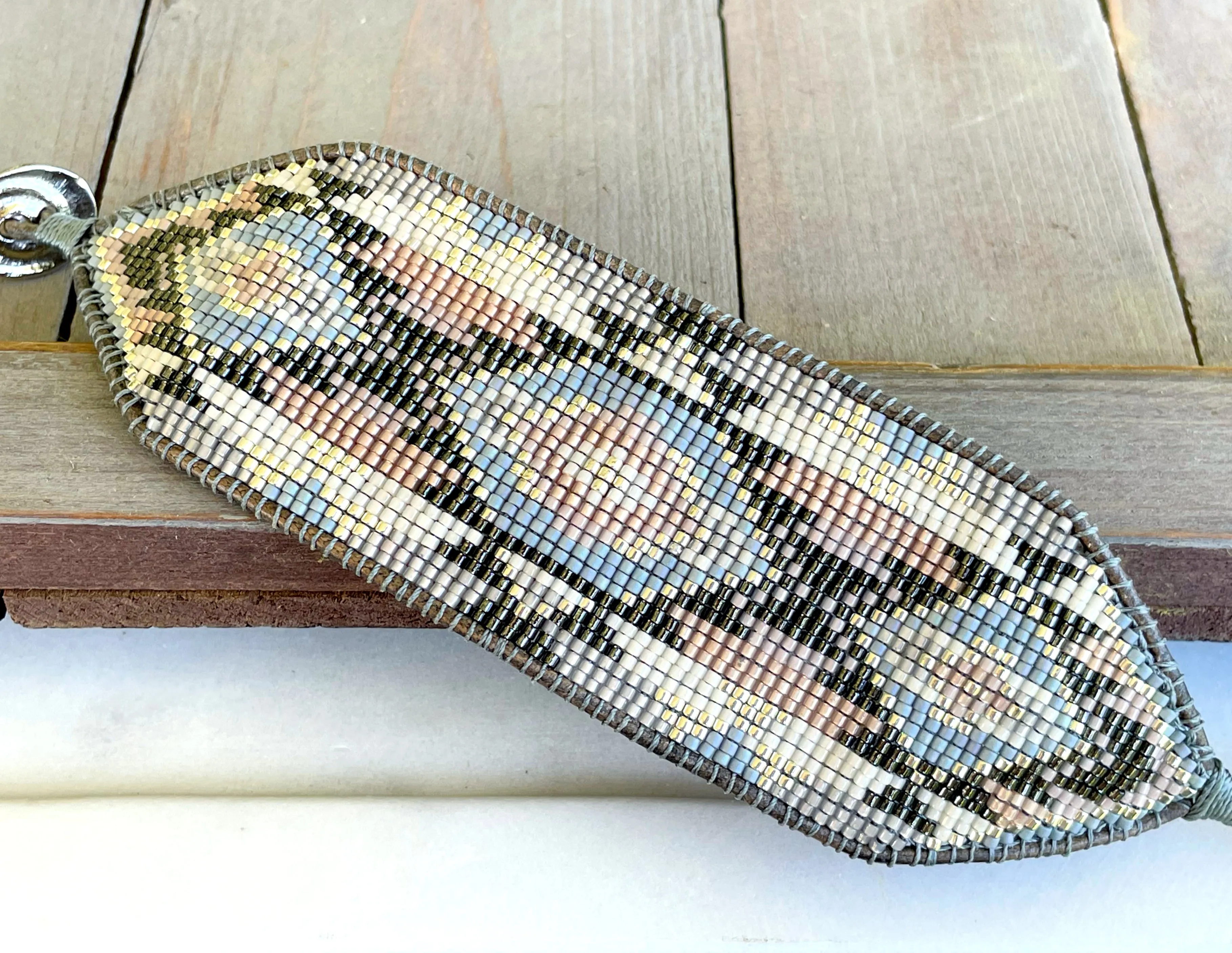 Neutral Gray, Tan, and Silver Bead Loom Woven Wide Cuff Bracelet
