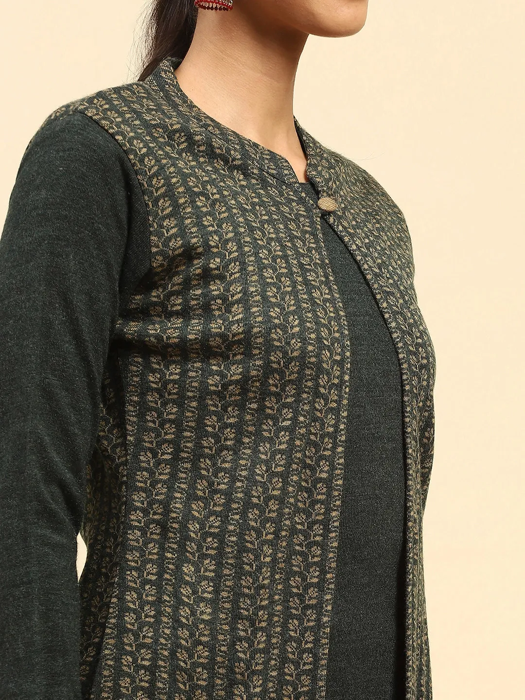 Olive Woolen Knitted Layered Round Neck Button Kurta