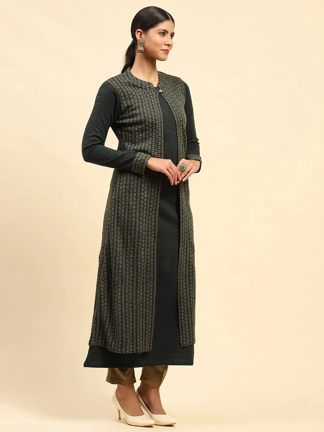Olive Woolen Knitted Layered Round Neck Button Kurta