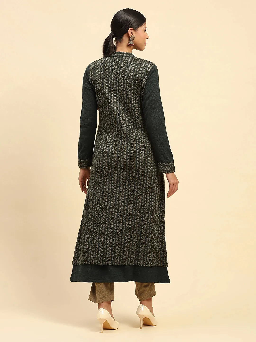 Olive Woolen Knitted Layered Round Neck Button Kurta