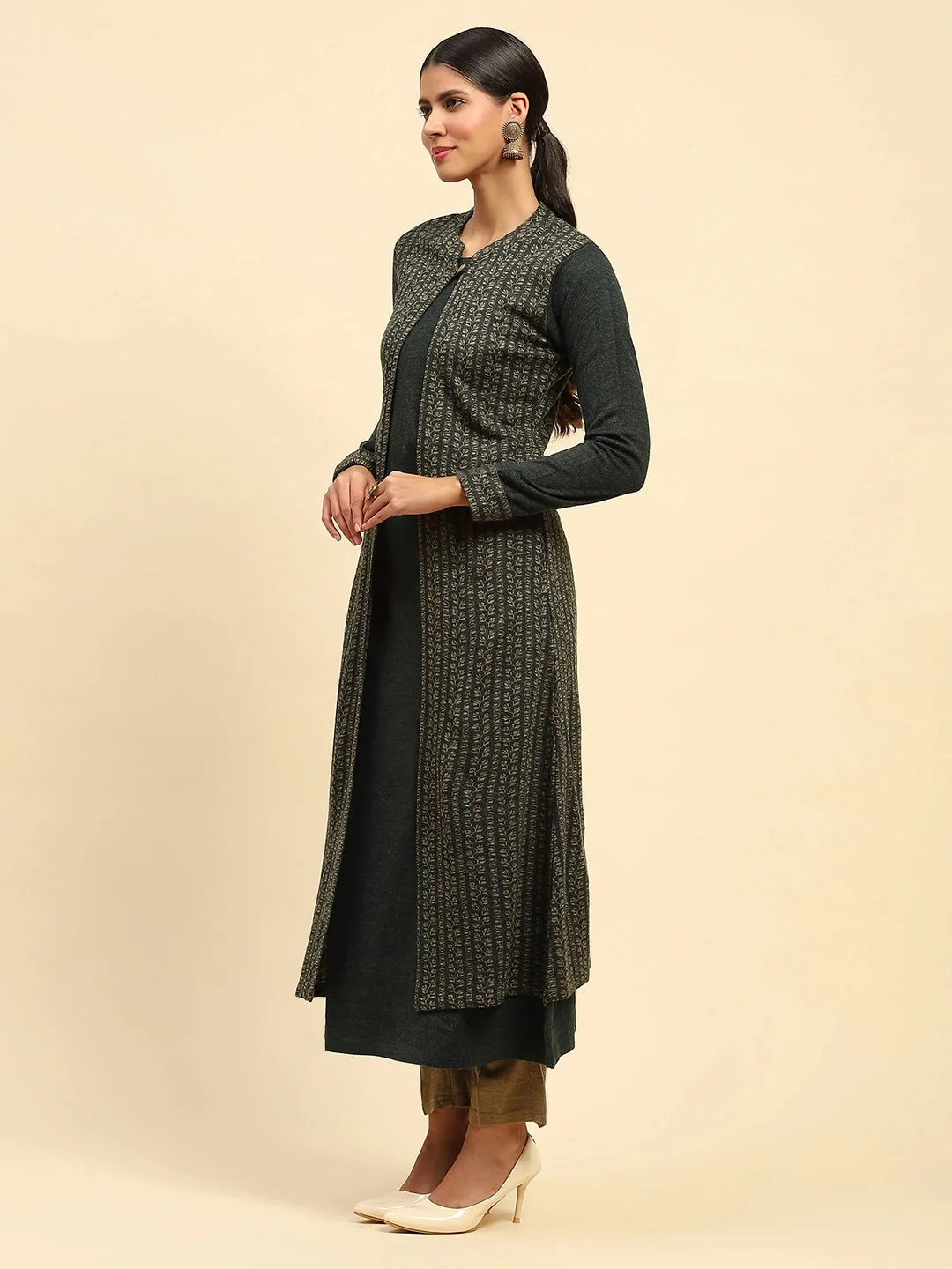 Olive Woolen Knitted Layered Round Neck Button Kurta