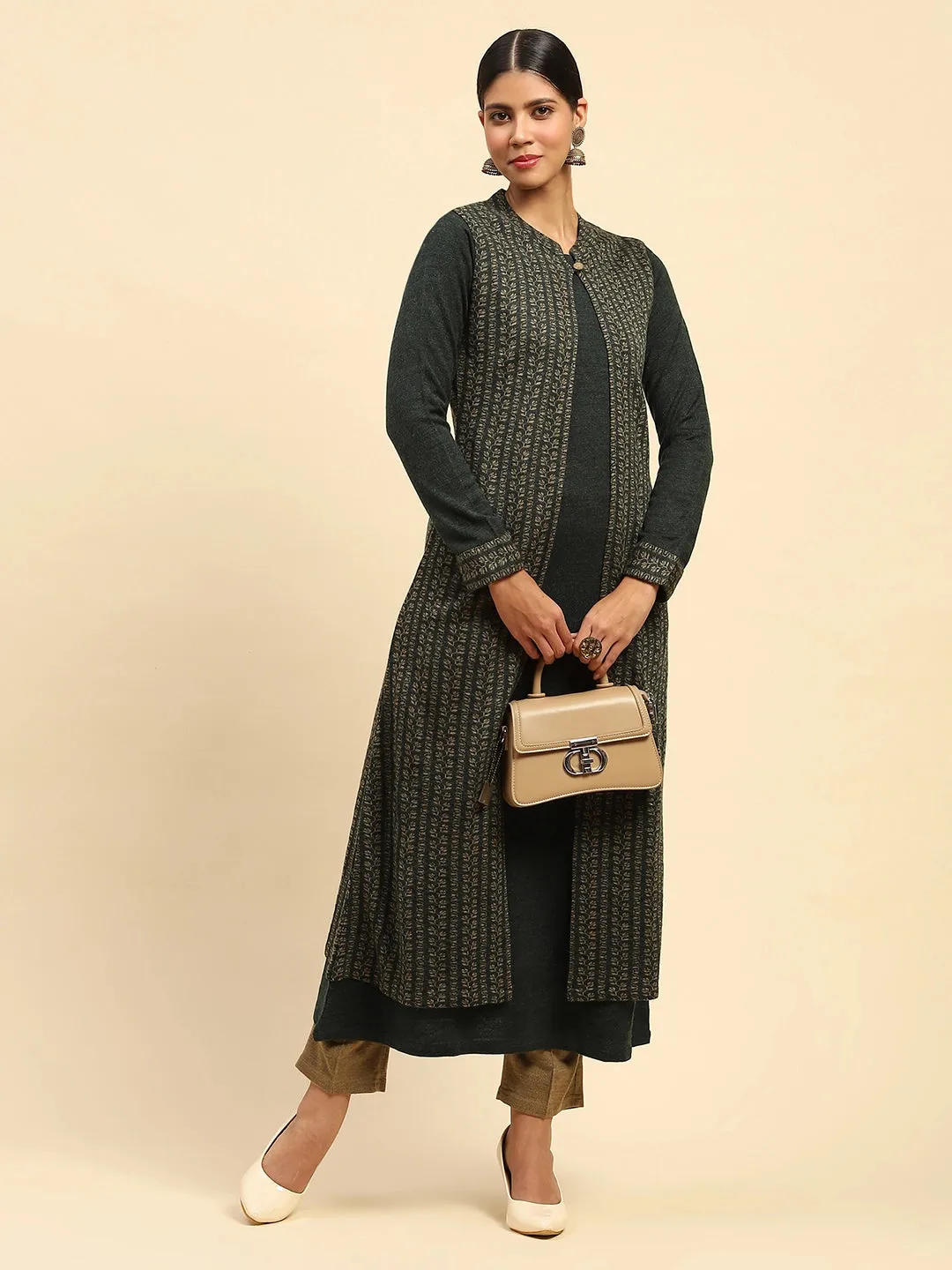 Olive Woolen Knitted Layered Round Neck Button Kurta