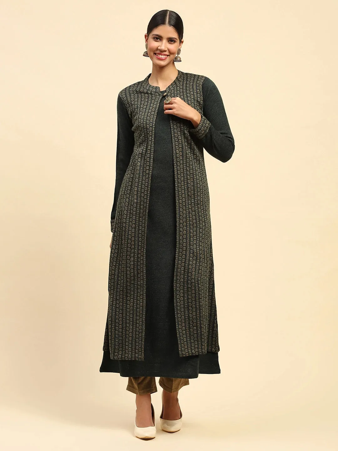 Olive Woolen Knitted Layered Round Neck Button Kurta