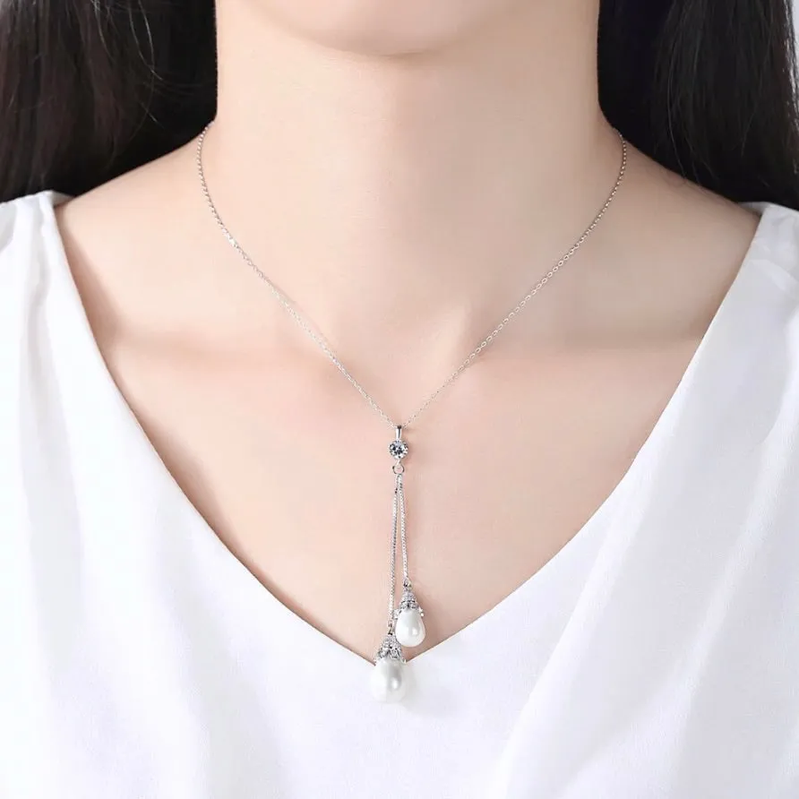 "Nevaeh" - Pearl Bridal Double Drop Lariat Necklace