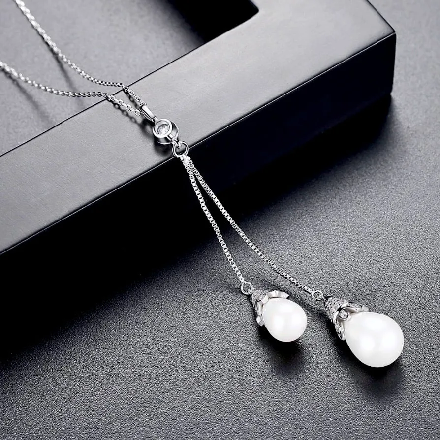 "Nevaeh" - Pearl Bridal Double Drop Lariat Necklace