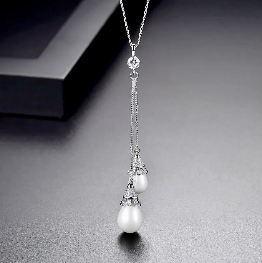"Nevaeh" - Pearl Bridal Double Drop Lariat Necklace