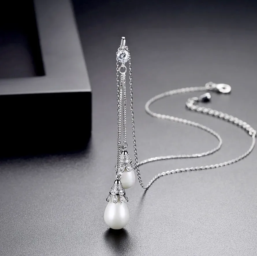 "Nevaeh" - Pearl Bridal Double Drop Lariat Necklace