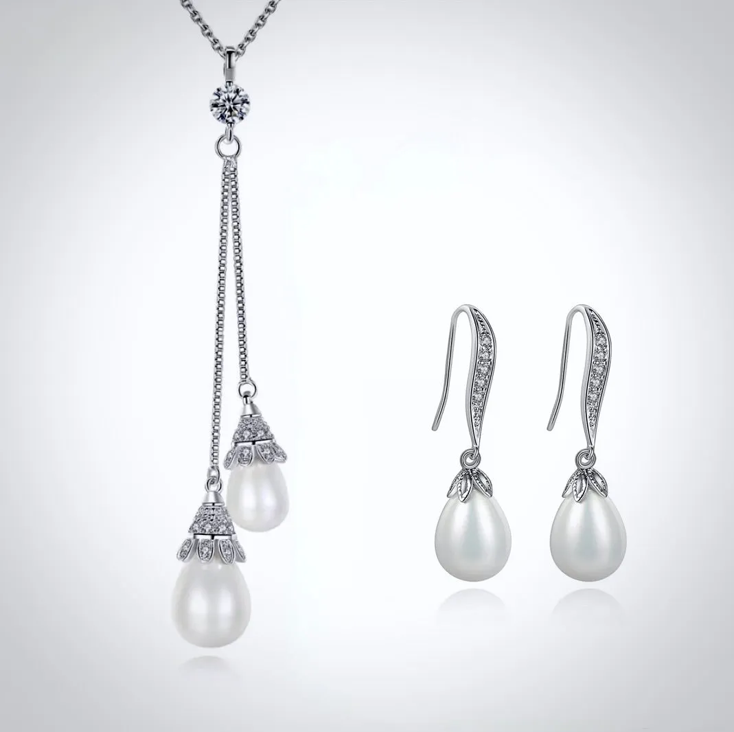 "Nevaeh" - Pearl Bridal Double Drop Lariat Necklace