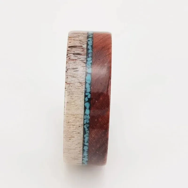 Redwood, Turquoise, and Deer Antler Inlay Tungsten Carbide Men's Ring