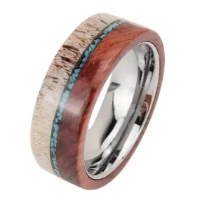 Redwood, Turquoise, and Deer Antler Inlay Tungsten Carbide Men's Ring