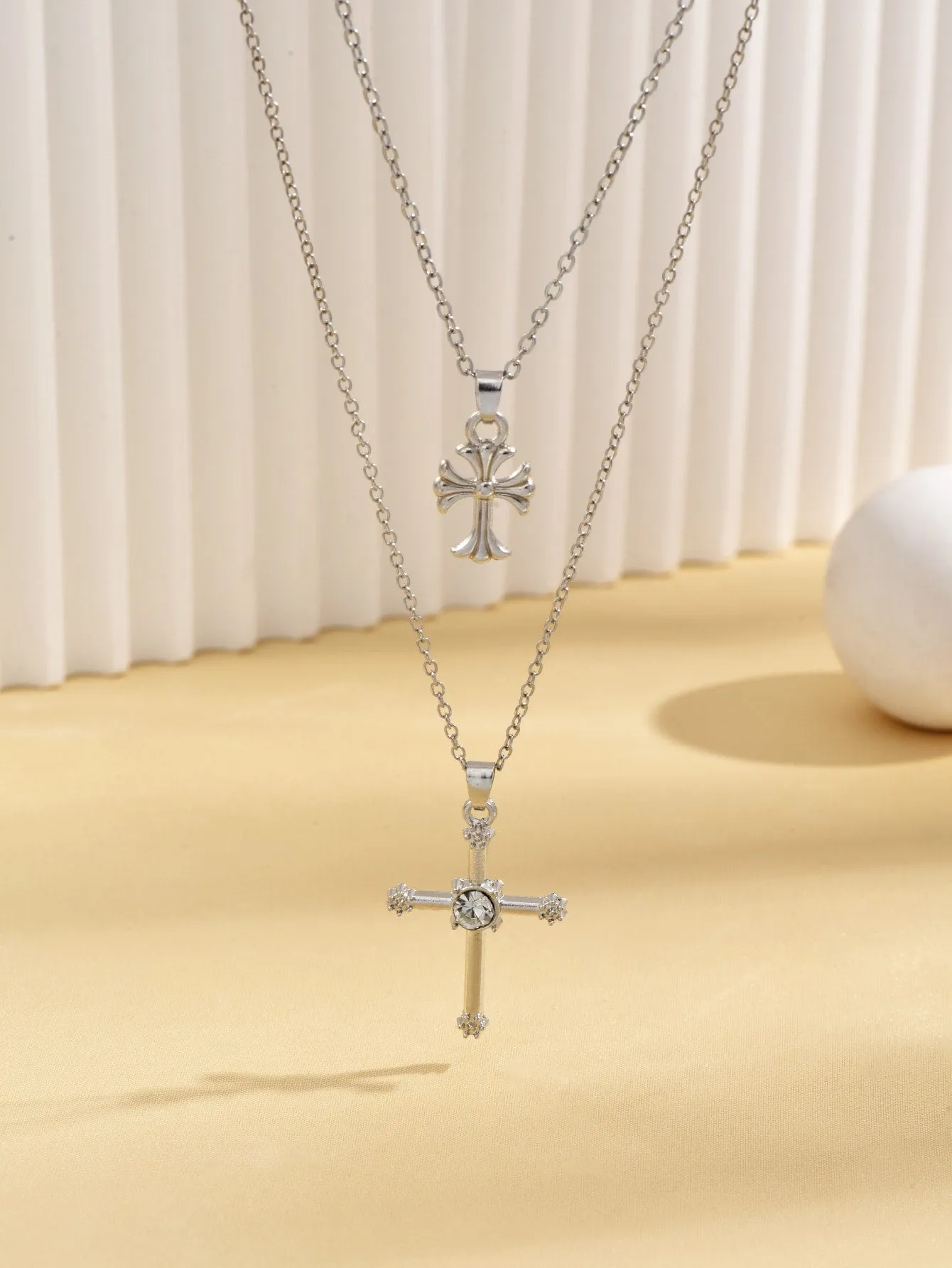 Rhinestone Decor Cross Charm Layered Necklace Religious Necklace Faith Necklace