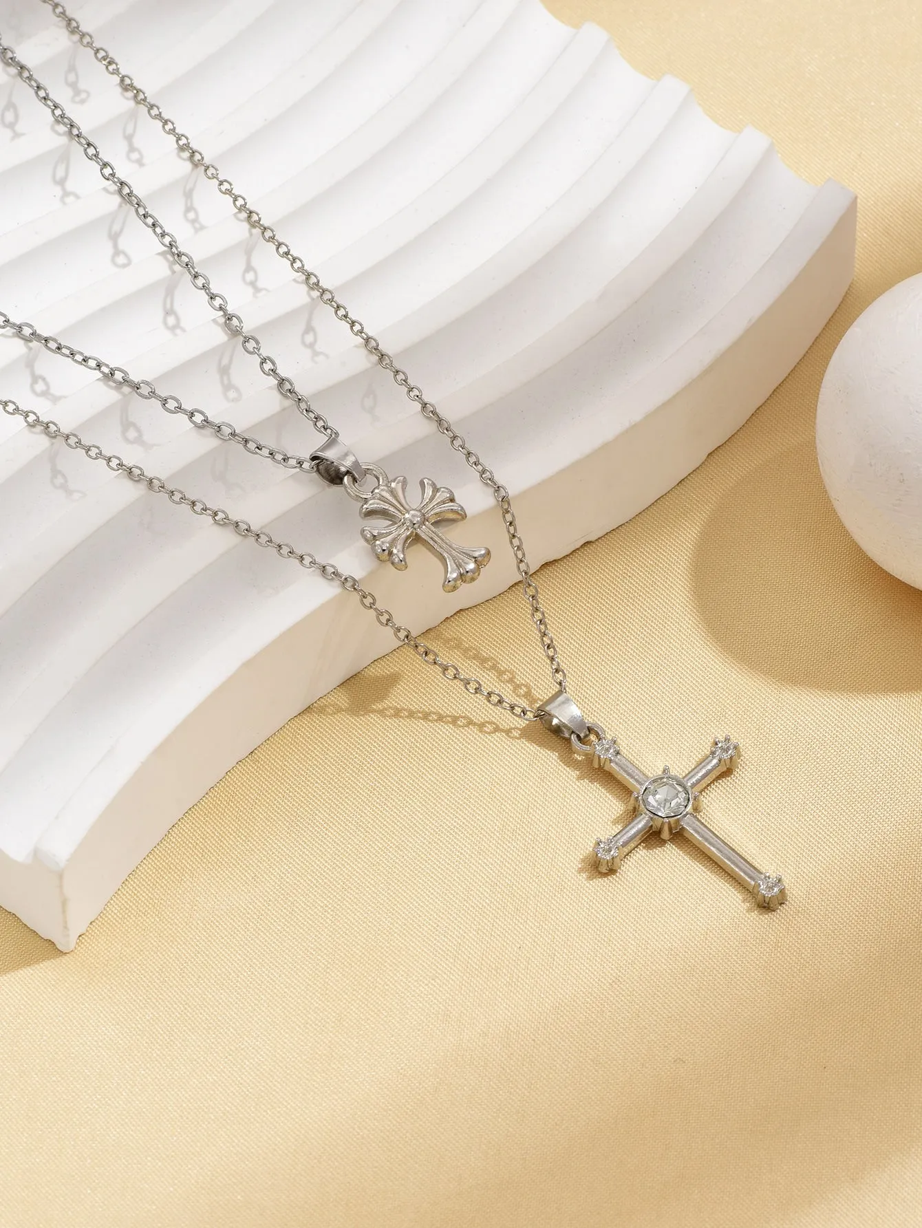 Rhinestone Decor Cross Charm Layered Necklace Religious Necklace Faith Necklace