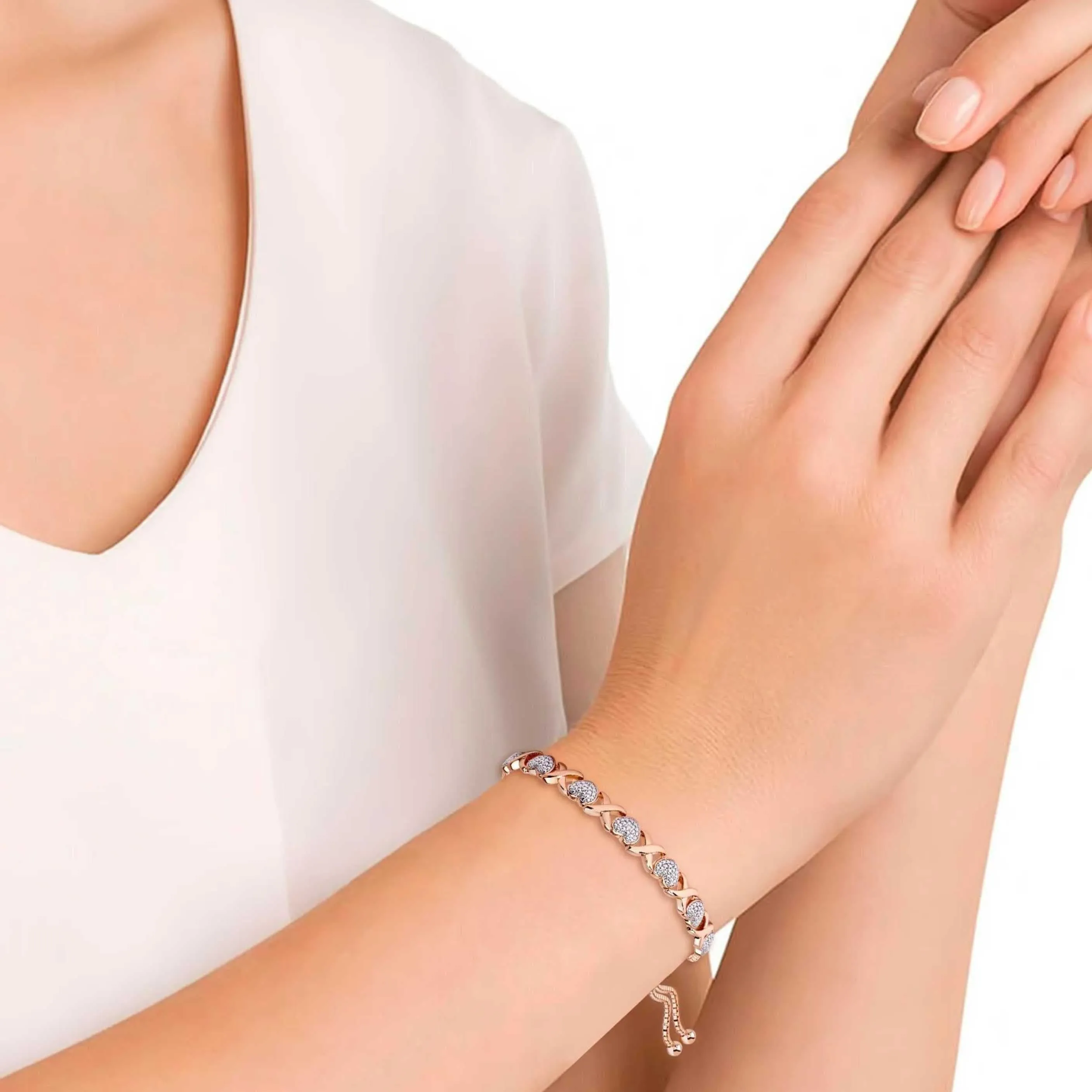 Rose Gold Plated Diamond Accent "X" & Heart Adjustable Bracelet