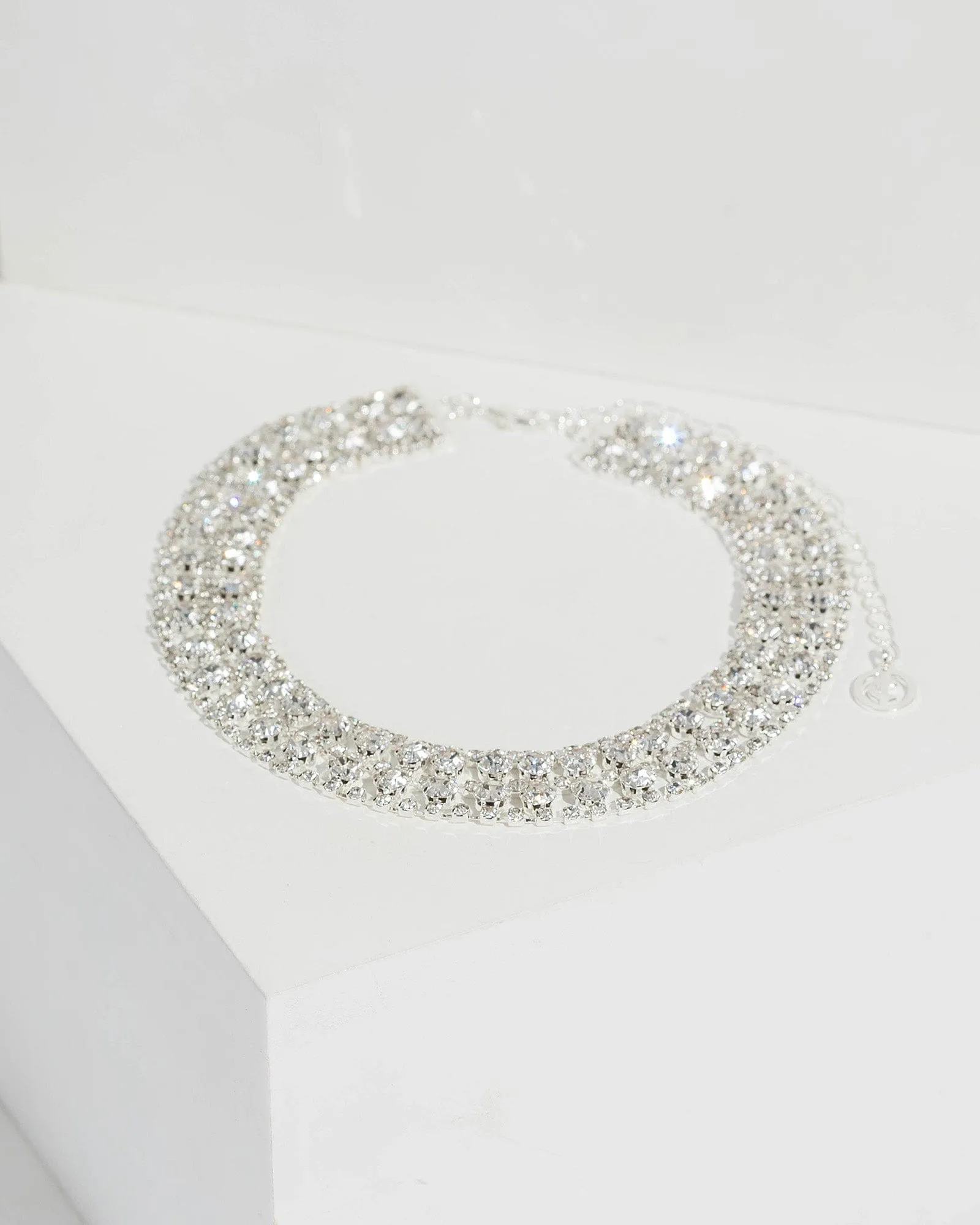 Silver Diamante Square Pattern Choker Necklace