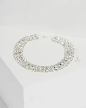 Silver Diamante Square Pattern Choker Necklace