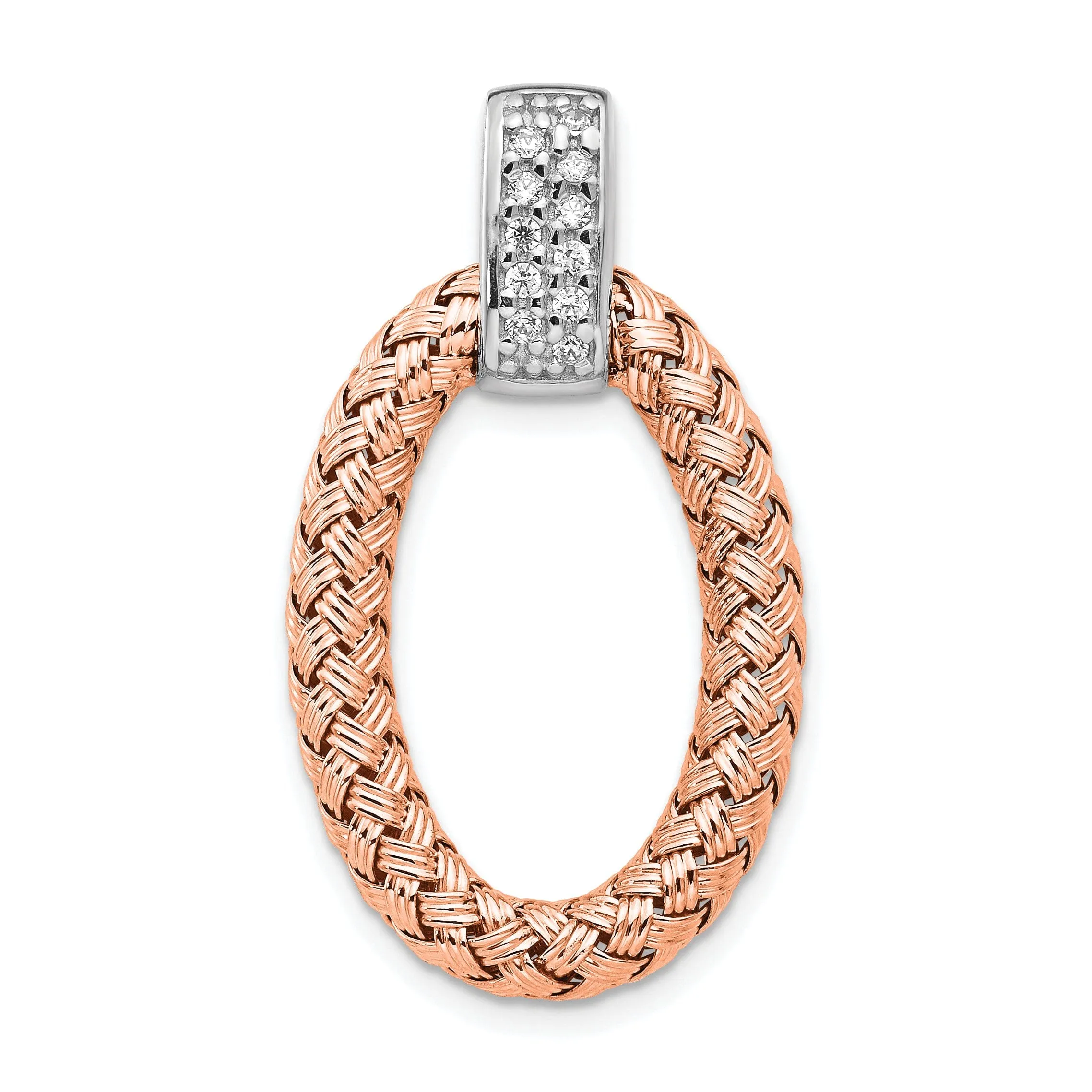 Silver Rose Gold Rhodium CZ Braid Oval Pendant