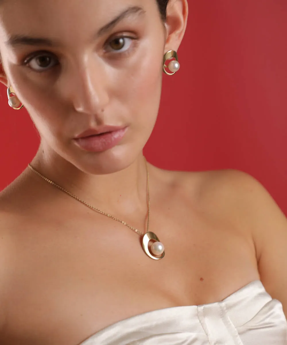 Steel Gold Plated Necklace for Women with 12mm Round White Pearl, 16.5" Length, Petra Collection