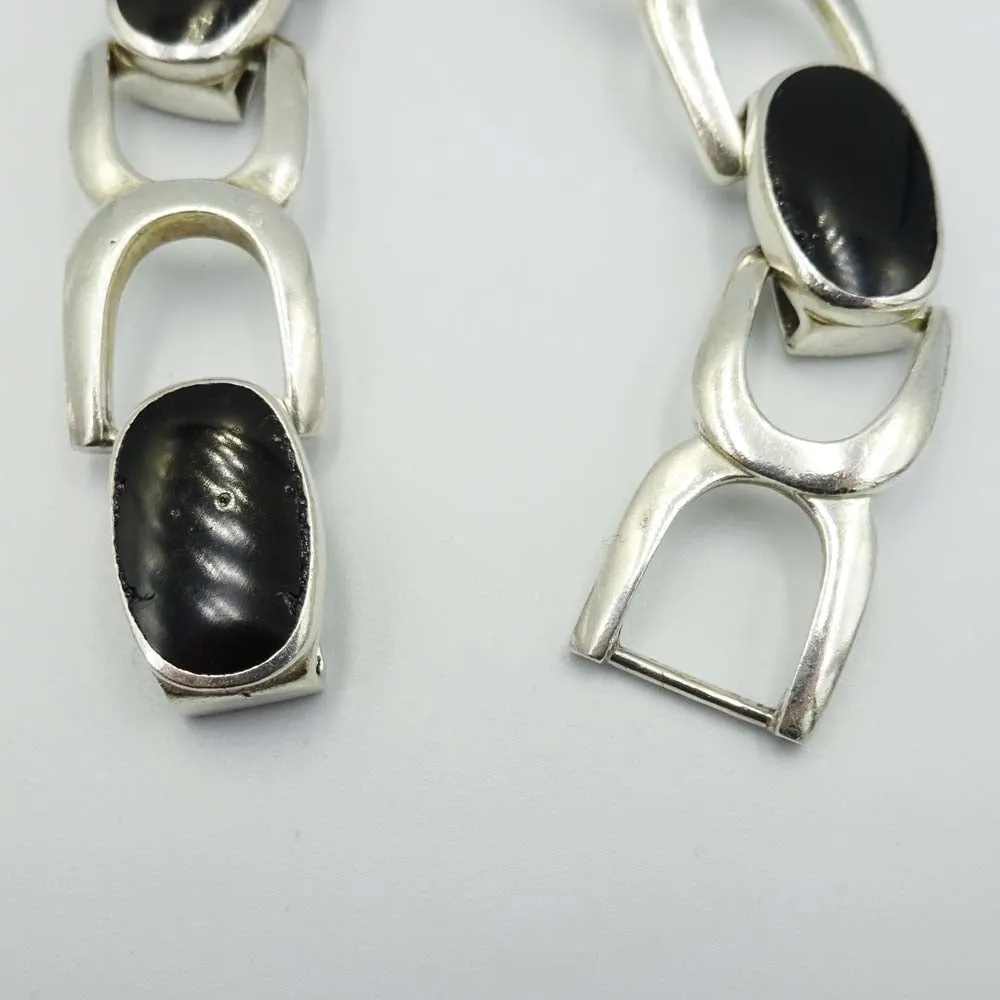 Sterling Silver and Onyx Buckle Link Ladies Bracelet 7"