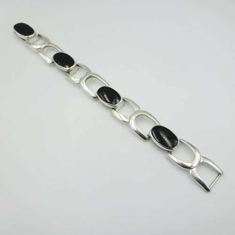 Sterling Silver and Onyx Buckle Link Ladies Bracelet 7"