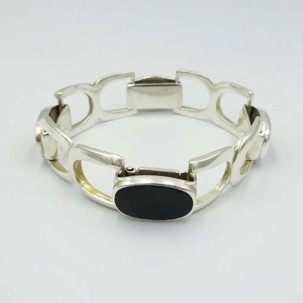 Sterling Silver and Onyx Buckle Link Ladies Bracelet 7"