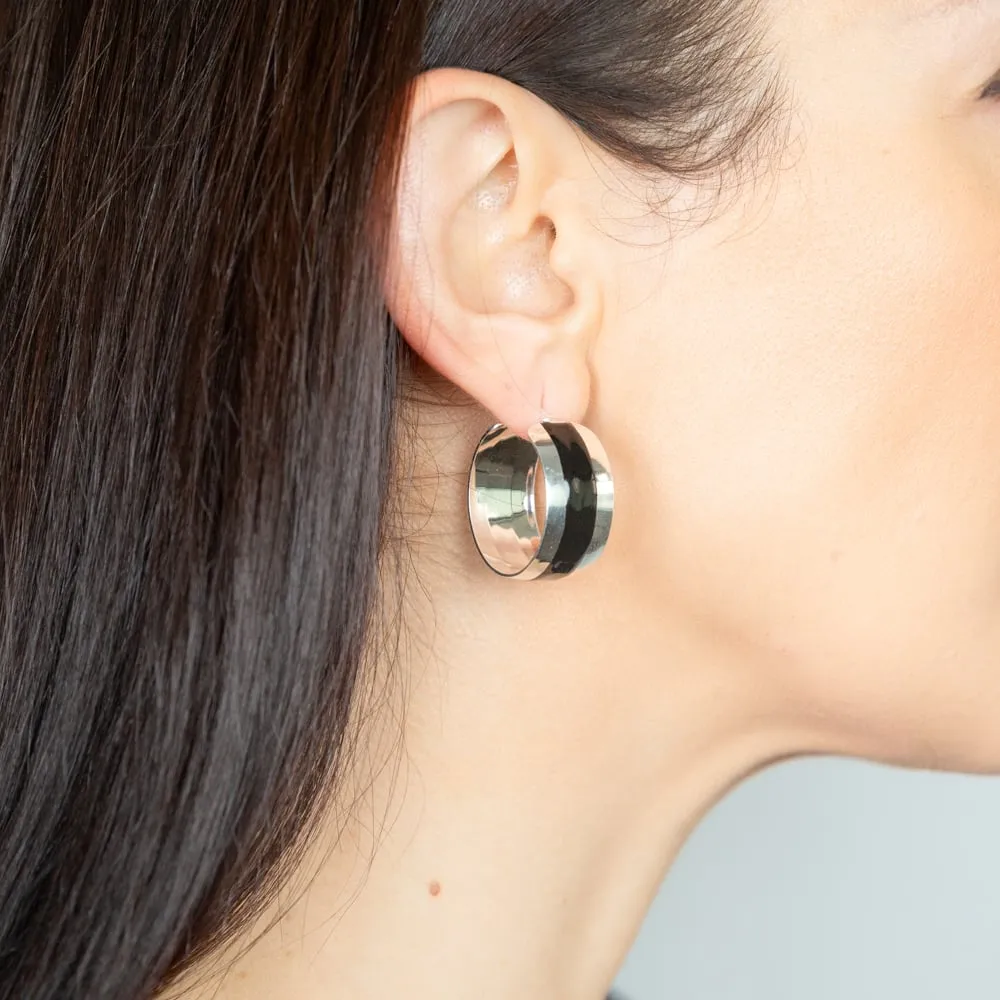 Sterling Silver Black Enamel On Broad 23mm Hoop Earrings