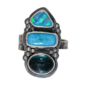 Turquoise With Blue Tourmaline and Opal Ring - Sterling Silver - size 9