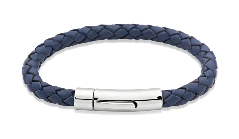 Unique Blue Leather Bracelet & Steel Clasp