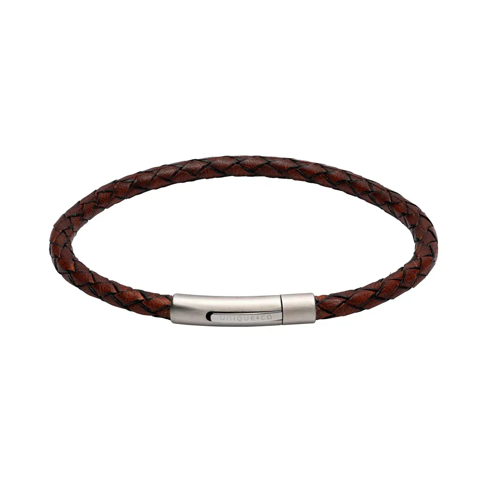 Unique Gents Slim Woven Brown Leather Bracelet