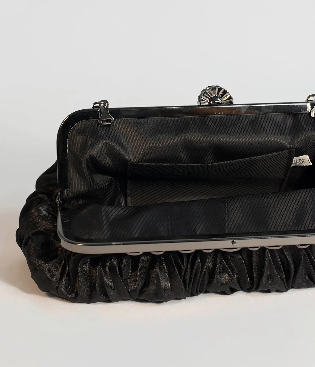 Unique Vintage Deco Style Black Satin Ruched Top Frame Clutch