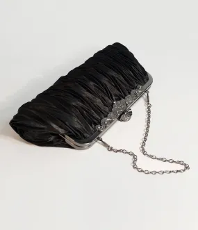 Unique Vintage Deco Style Black Satin Ruched Top Frame Clutch