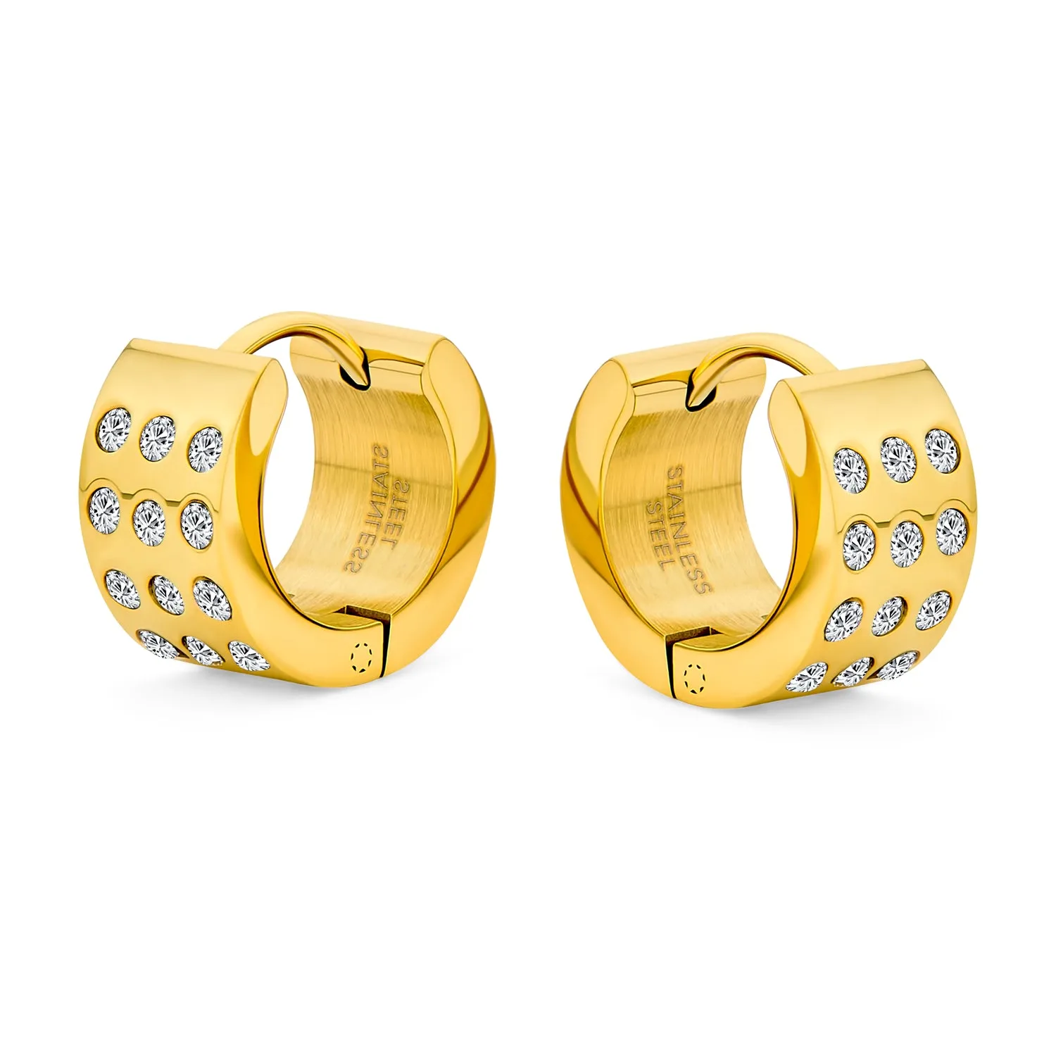 Unisex 3 Row CZ Hoop Earrings Gold Plated K-pop Style Stainless Steel